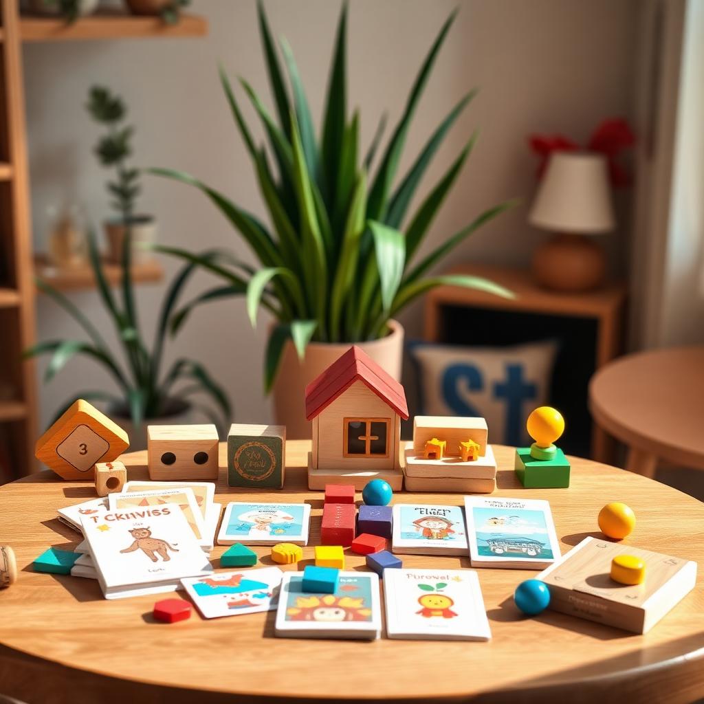 Warm therapy tools and picture cards on a wooden table