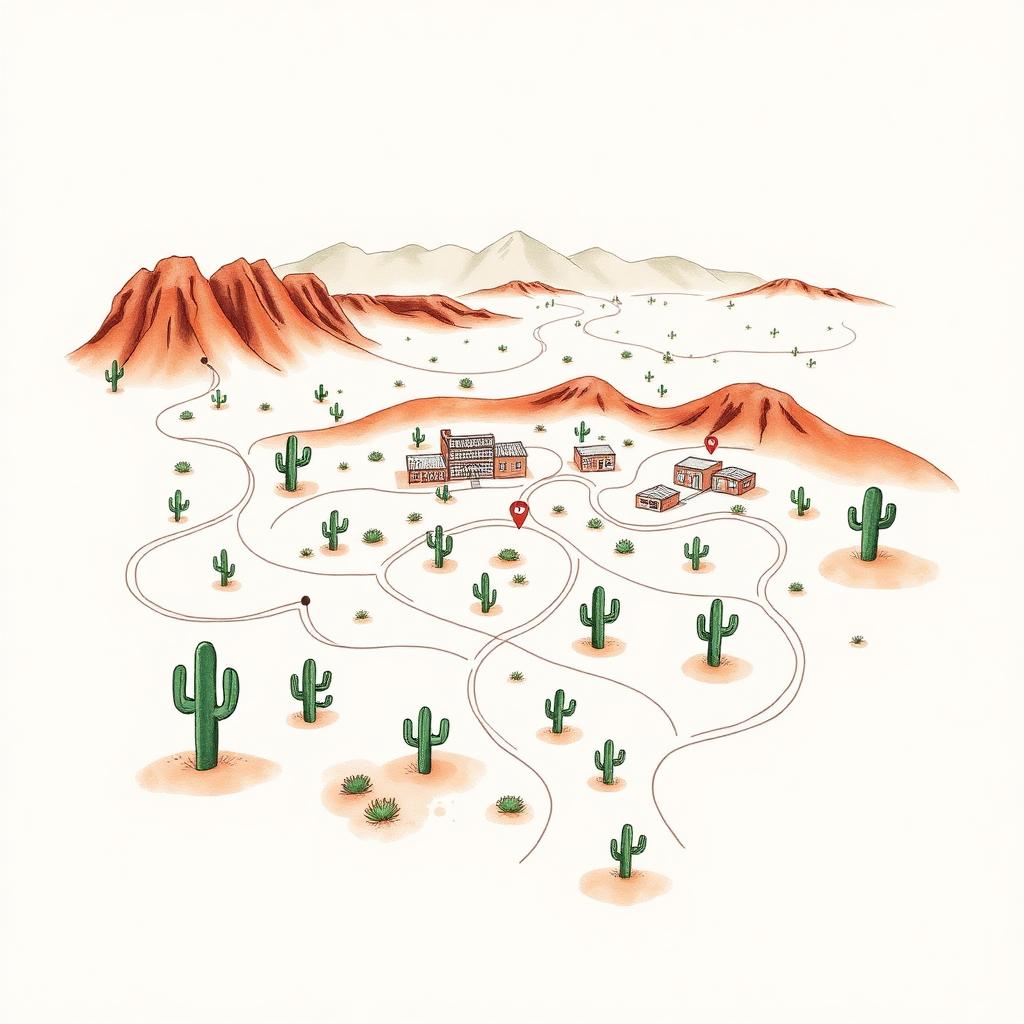 Hand-drawn scenic map showing the way to Desert Speech clinic